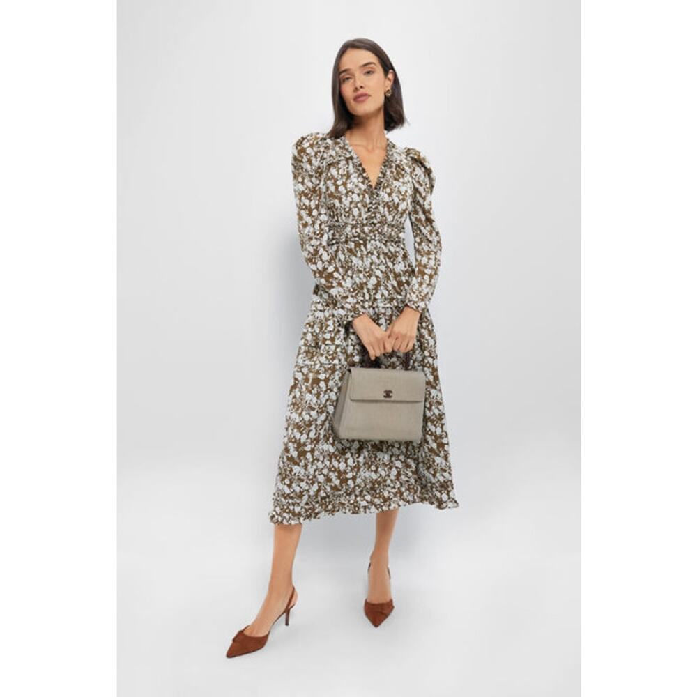 HYACINTH HOUSE  Olive Floral Renee Ruffle Midi Dress Size XS